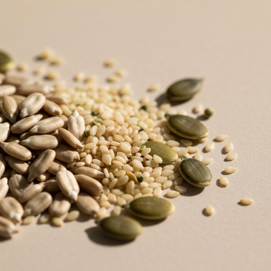 Makrofotografie von Sonnenblumen-, Sesam-, Kürbis- und Hanfsamen auf hellem Hintergrund