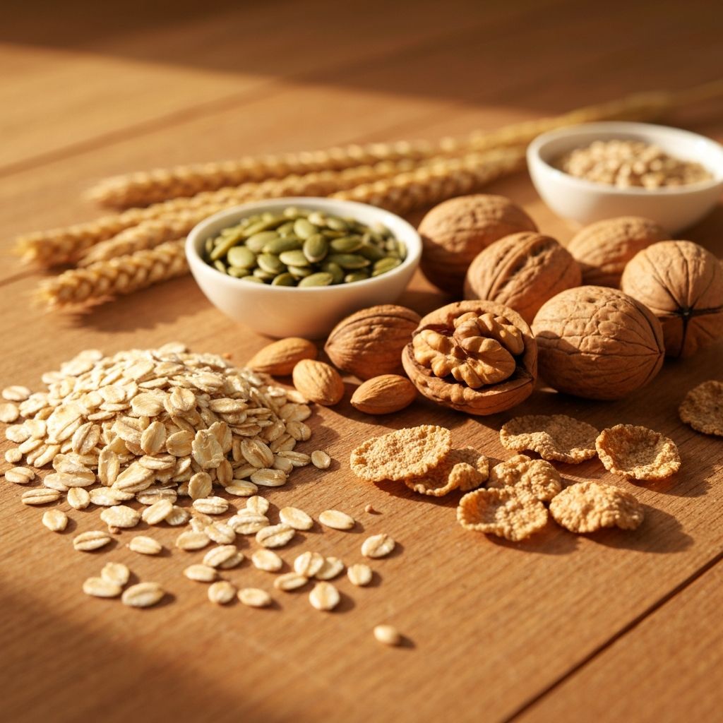 Vollkornprodukte und Nüsse auf warmem Hintergrund