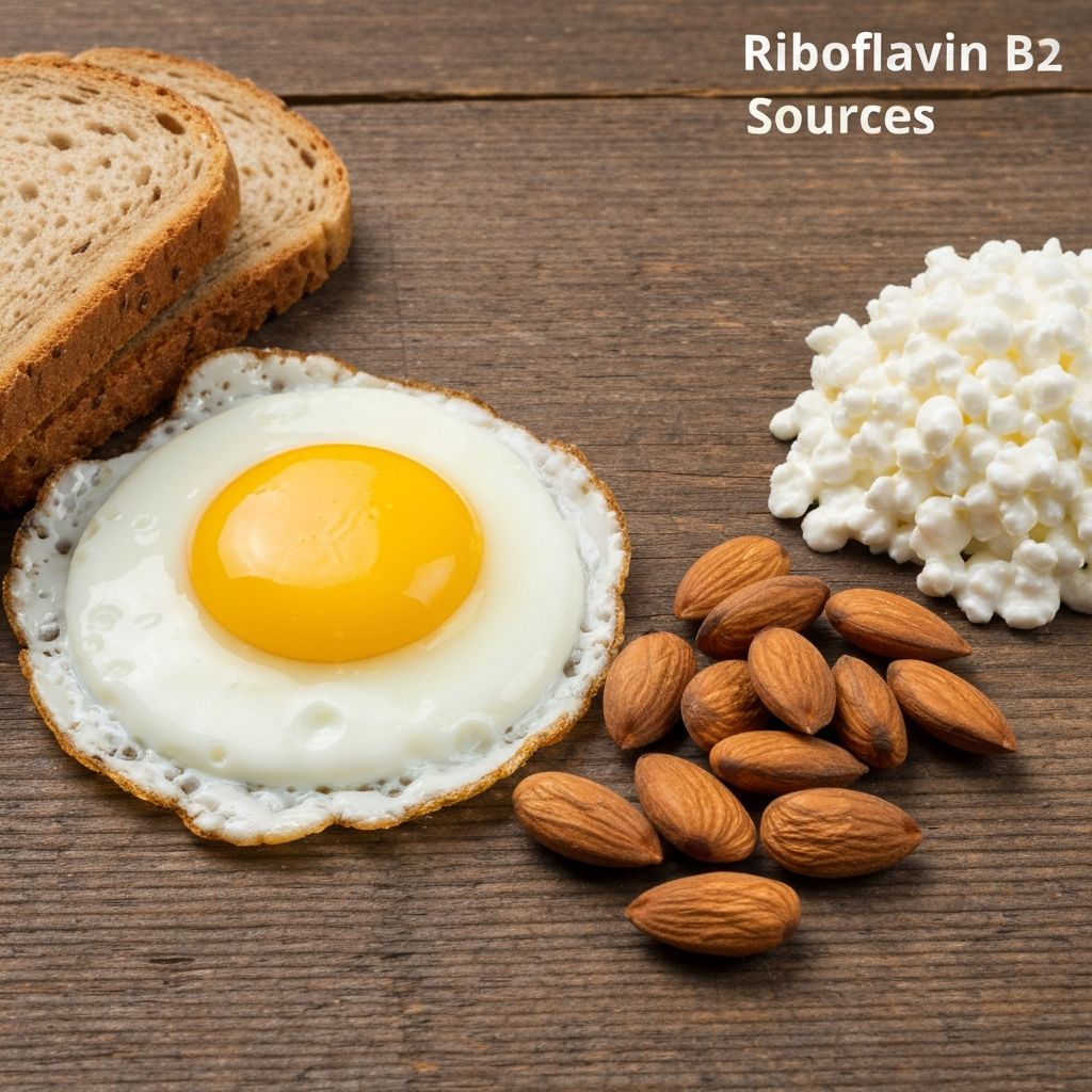 Riboflavin-Quellen: Eier, Vollkornbrot, Mandeln auf Holzoberfläche