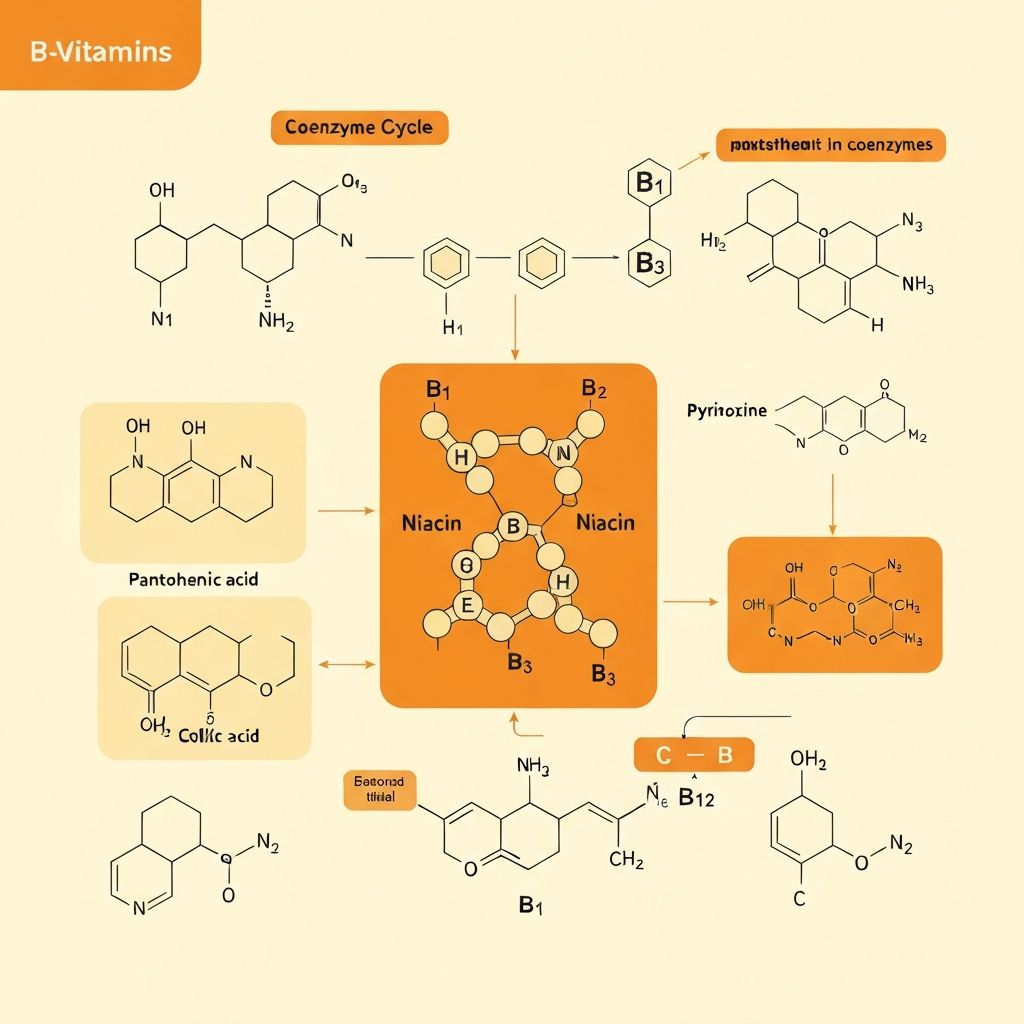 Wissenschaftliche Illustration: Molekülstrukturen von B-Vitaminen und Metabolische Kreislauf-Visualisierungen